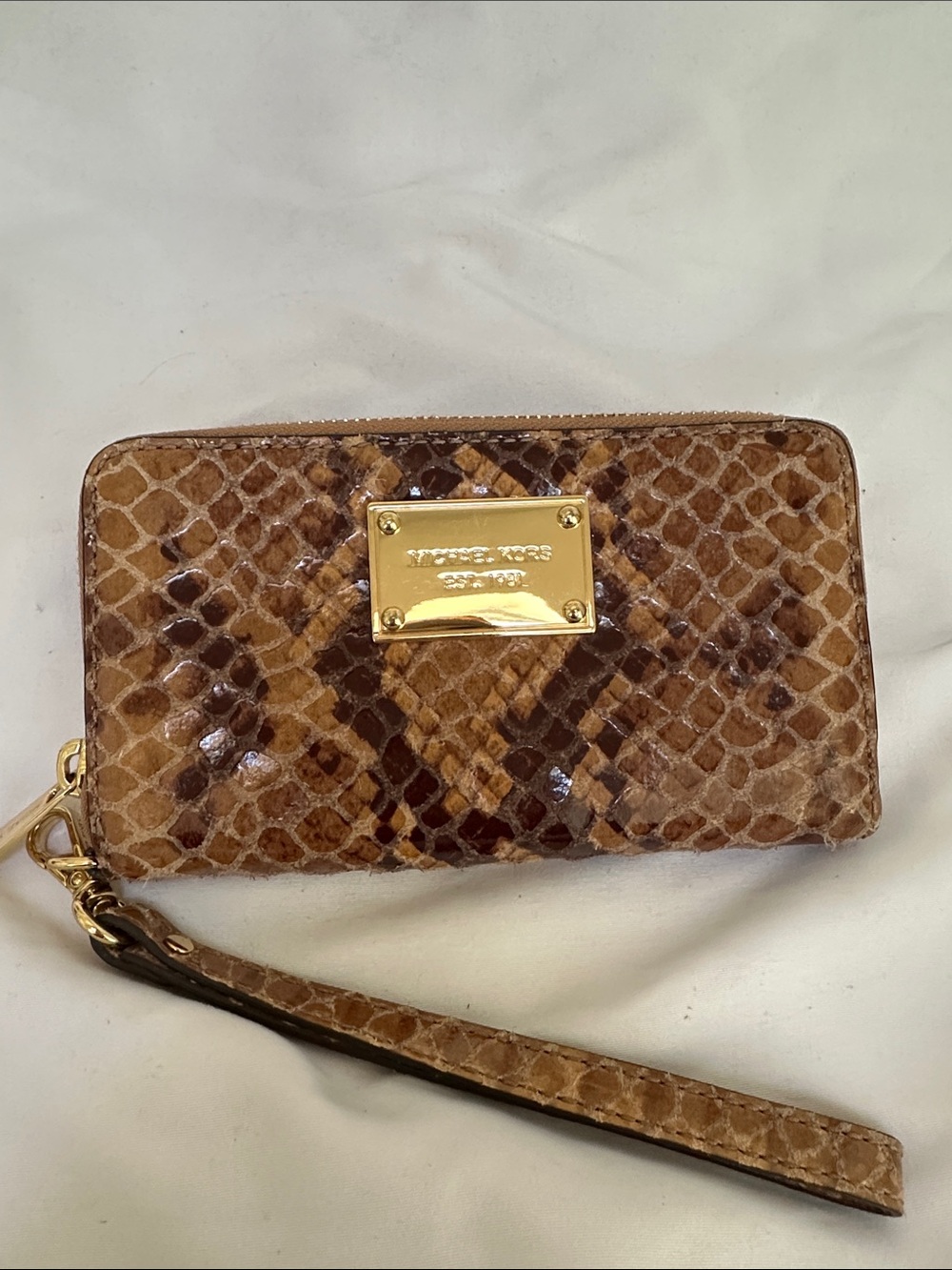 Michael Kors Brown Snake-Print Leather Wristlet Wallet